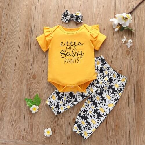 Telotuny Newborn Baby Girls Clothes Short Sleeve Letter Romper Floral Daisy Pants Headbands Outfit Set Baby Clothes Set 0-15m