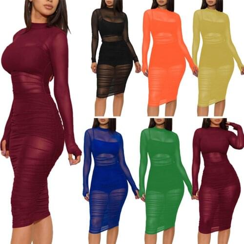 3pcs Women Sexy Suit Set Female Solid Color O-Neck Long Sleeve See-Throught Dress+ Vest+ Shorts for Summer S/M/L/XL/XXL/XXXL