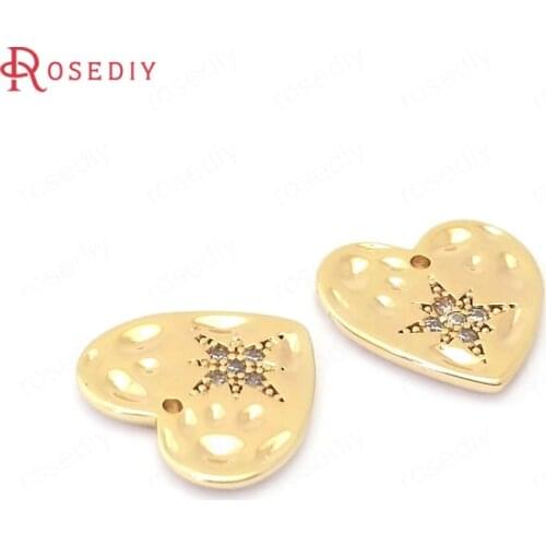 38817)4PCS 12x12MM 24K Gold Color Brass and Zircon with Star Heart Charms Pendants Jewelry Making Supplies Diy Accessories