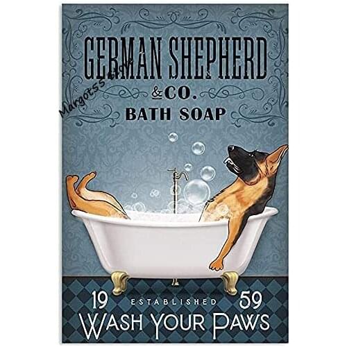 Bathtub Dog Retro Metal Tin Sign, German Shepherd Bubble Bath Soak Your Paw Soap Foam Poster for Toilet Cave Bar Home Bathroom