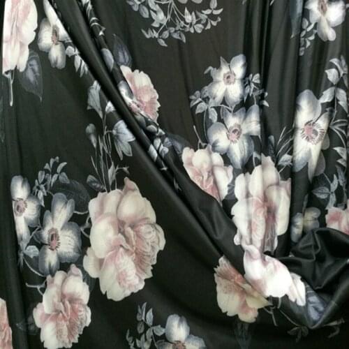 Milk silk black bottom pink big flower printed cloth fabric for dance dress table cloth homedecor DIY materials