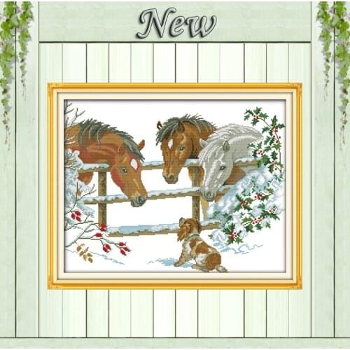Inquisitive horse,Pattern printed on canvas DMC 11CT 14CT Cross Stitch kit,needlework Set embroidery,animal winter snow scenery
