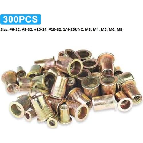Assorted Rivet Nut Set 6-32, 8-32, 10-24, 10-32, 1/4-20, M3, M4, M5, M6, M8 Mixed Zinc Plated Carbon Steel Flat Head Rivet Nut