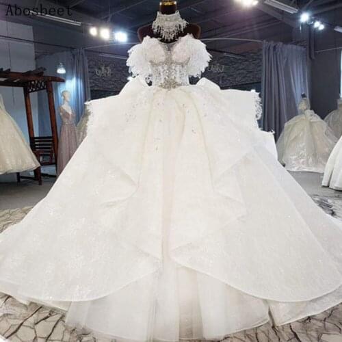 New Fashion Movable High Collar Ball Gown Wedding Dress Plus Size 2021 New 150CM Cathedral Train Robe Mariee Bridal Gown Shiny