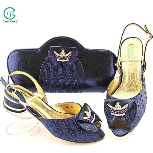 Nigerian New Arrival Italian Design Fashion Rhinestone and Metal Decoration Style Party Women Shoes and Bag Set in D.Blue Color