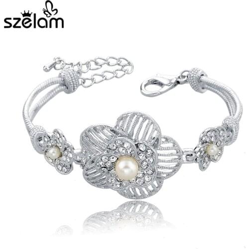 Low 2019 Free Shipping Gold/Silver Bracelet Bangle Fashion Jewelry Flower Bracelet Crystal Simulated Pearl Bracelet SBR140289