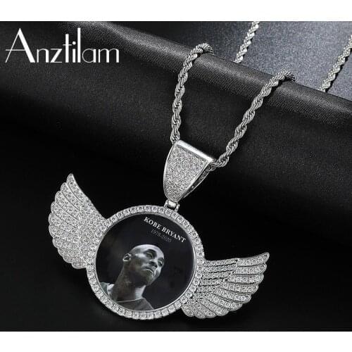 Luxury Custom Made Photo With Crystal Angel Wings Pendants Necklaces Gold Colors AAA Cubic Zircon Mens Hip Hop Jewelry