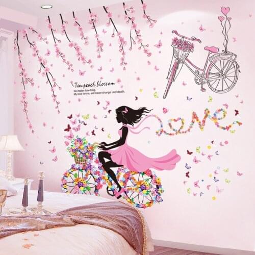 [shijuekongjian] Fairy Girl Wall Stickers DIY Flower Bike Wall Decor Decals for Kids Bedroom Baby Room Kitchen House Decoration