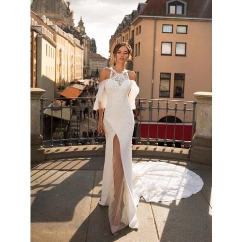 Vintage Halter Neck Mermaid Wedding Dresses 3D Flower Appliques Simple Strapless Chiffon Bridal Gowns Backless Court Train 2021