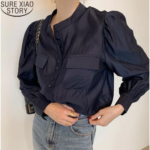 2021 Autumn Fashion Korean Casual Vintage Blouse Puff Sleeve Stand Collar Button Up Shirt Women Pockets Solid ShirtsTops 12365