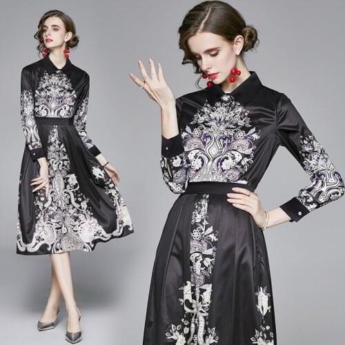 New Spring Autumn Black England Style Floral Printed Women Suits Elegant Fashion Button Shirt Top and Skirt 2 Piece Set Dress