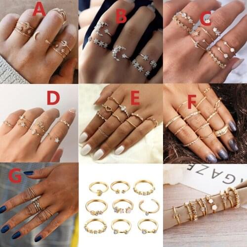 7 Styles Trendy Boho Moon Star Matching Rings Midi Knuckle Ring Set for Women Crystal Rhinestone Geometric Finger Rings