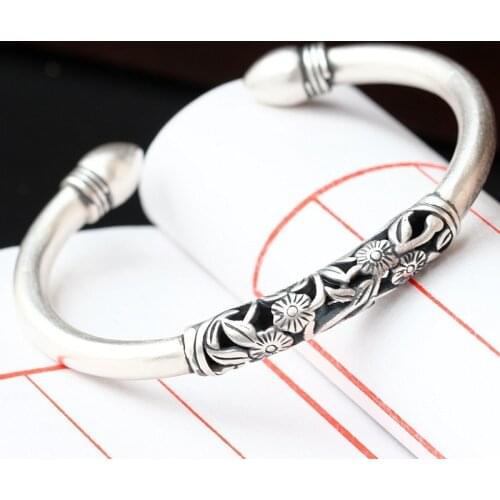 Retro Silver Jewelry Wholesale Handmade S990 Sterling Silver Bangle Womens Bangle Open Ended Vintage Royal Bangle