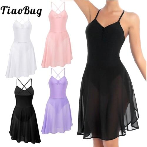 Women Adult Sleeveless Ballet Dress Spaghetti Strap Chiffon Lyrical Dance Leotard Dress