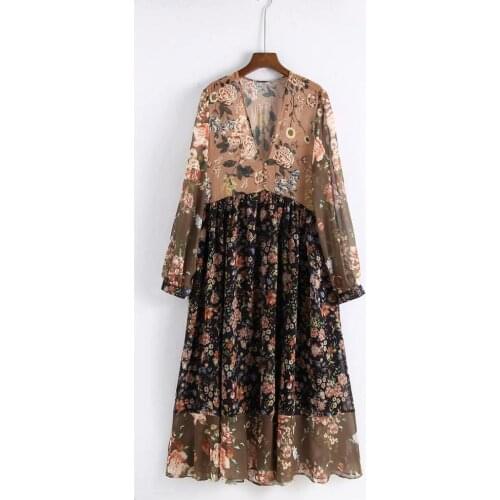 2019 bohemian women V neck floral chiffon pleated dress see through long sleeve vintage female retro chic dress vestidos