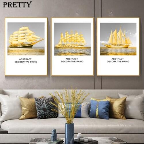 Golden Sailboat Ocean Landscape Canvas Painting Abstract Art Luxury Poster Modern Nordic Living Room Wall Art Decoration Picture