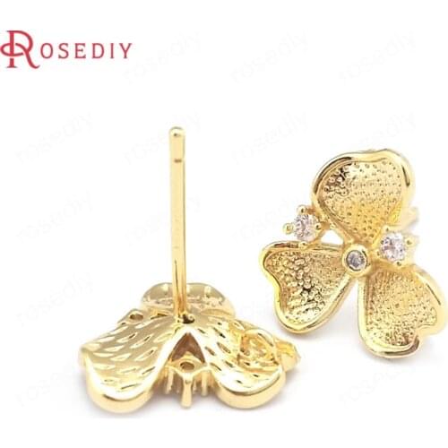 39646)4PCS 10MM 24K Gold Color Brass and Zircon Flower Stud Earrings Pins Earrings Jewelry Making Supplies Diy Accessories