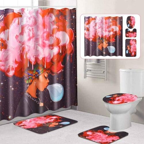 4pcs African Girl Shower Curtain Pattern Bath Mat Toilet Pad Set Anti-slip Pedestal Rug Lid Toilet Cover Home Decor