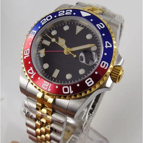 40mm Sapphire Glass Black Dial GMT Blue Red Bezel Date jubilee transparent Case back Automatic Movement Mens Watch