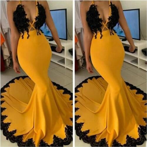 Arabic Yellow Vintage Formal Party Pageant Gowns Lace Sexy Evening Dresses Halter Mermaid Satin Prom Dresses платье на выпускной
