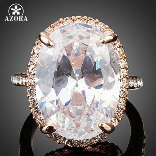 AZORA Rose Gold Color Big Oval-cut 5ct Egg Shaped Clear Cubic Zirconia Finger Ring TR0127