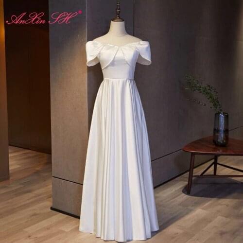 AnXin SH princess white satin evening dress vintage party o neck beading pearls ruffles puff sleeve bride white evening dress