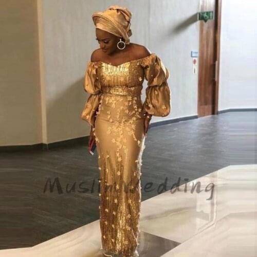 Elegant Mermaid Gold Evening Dresses Off Shoulder Appliques Full Sleeves African Prom Dress Plus Size Party Gowns Formal Wear
