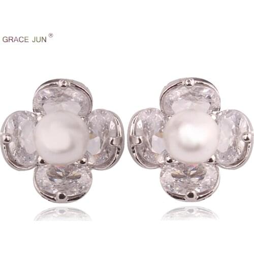 GRACE JUN High Quality Clip on Earrings Without Pierced Fashion Bridal Wedding No Ear Hole Earrings White Gold Color Ear Clip