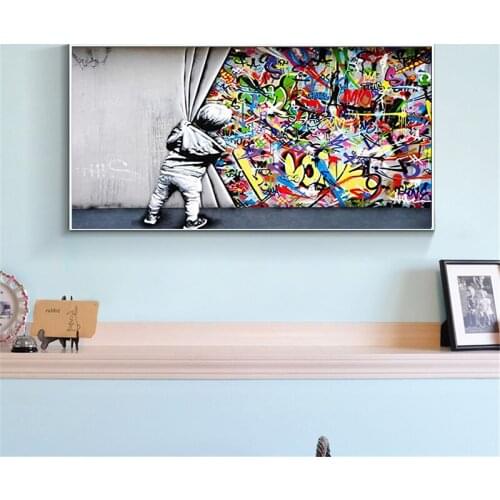 Graffiti Street Art Curtains Behind Banks Wall Painted on Canvas Corridor Living Room Bedroom Home Decor HD Print Frameless