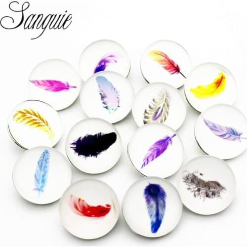 Newest 12pcs/lot Bangles glass snap jewelry 18mm snap buttons feather leather clasp snap button bracelet