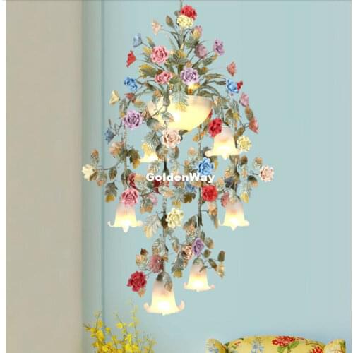 Art Floral Chandelier lamp Lustre Light 7L/10L Colorful Ceramic Rose Pendant Chandelier Light Fixture E14 LED AC Home Decoration