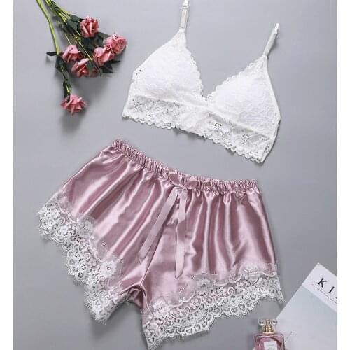 Sexy Pajamas Set 2pcs Women Sleepwear Lace Camisole Sleep Tops Silk Shorts Nightdress Nightgown Female Summer Home Clothes