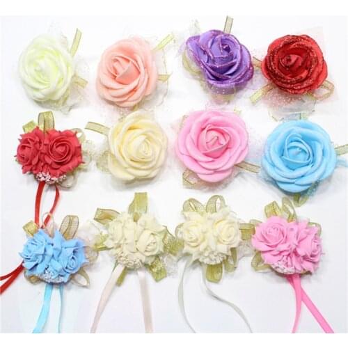 Hot 1PC Foam rose bridesmaid wrist corsage bracelet Wedding party Bridal flower Ribbon Wrist
