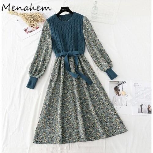 Menahem 2021 Autumn Twist Knitted Patchwork Floral Print Corduroy Dress Women O-Neck Lantern Sleeve Lace-up Vintage Midi Dress