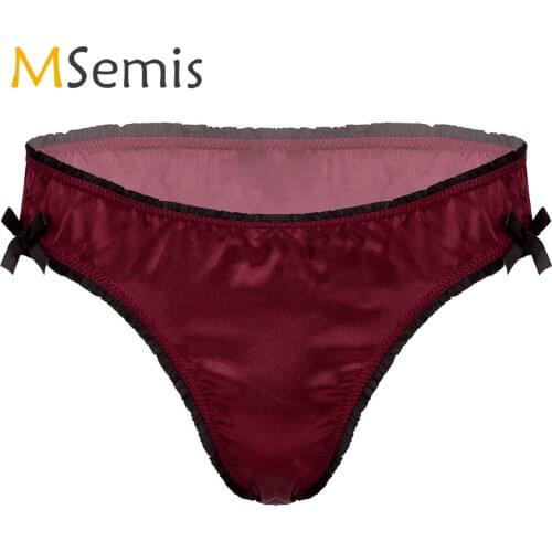 Lingerie Sissy Underwear Nightwear Mens Frilly Low Waist Satin Briefs Sissy Panties Bowknot Decor Elastic Waistband Underpants