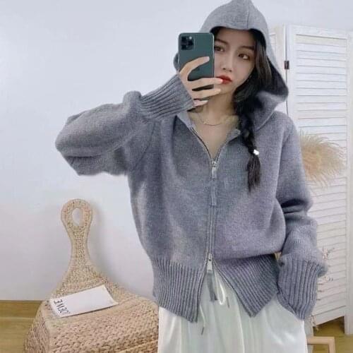 Autumn and winter new style casual fashion double zipper hooded knitted sweater cardigan long-sleeved solid color blouse women