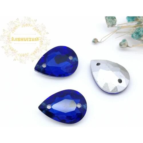 Sapphire blue Water Drop Double Hole Crystal Glass Sewing Rhinestones Pointback Diy Wedding Dress and Shoes 10*14 13*18
