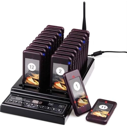 Restaurant Buzzer Pager System 20 Pagers Wireless Calling System 12H 360mAh Contactless Waiting Queuing Long Range 3 Calling Mod
