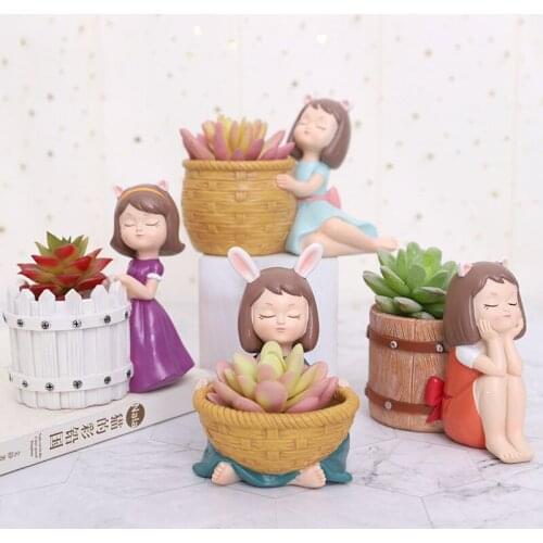 Creative Cute Cartoon Girl Succulent Flower Pot Decoration Carving Painted Resin Crafts Plant Flowers Potted Desktop Decoration