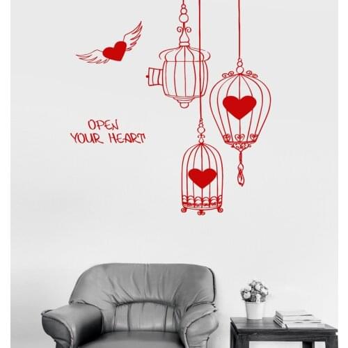 Vinyl Wall Decal Inspiration Love Romance Heart Birdcages Wall Stickers Living room Bedroom Home Decoration DIY Murals JG2668