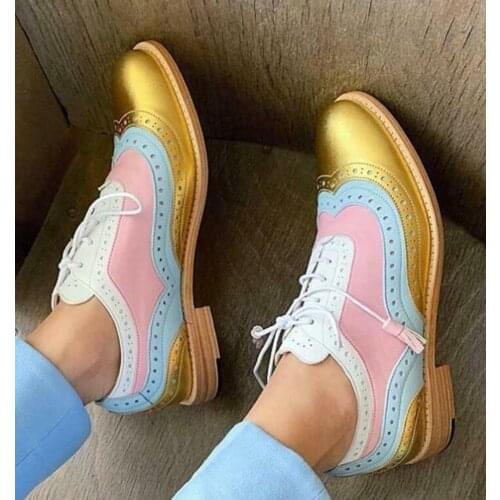 Womens Lace Up Brogues Sequins Bling Match Colors Wing Tip Casual Oxfords Low Heel Carved Plus Size 5Colors New