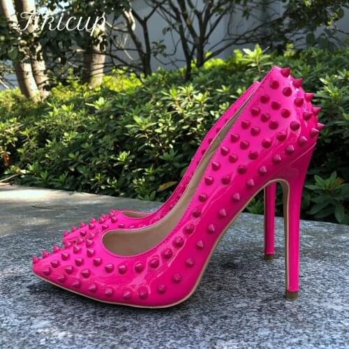 Tikicup Rose Pink Sexy Women Spikes Pointed Toe Stiletto Pumps Ladies Slip On High Heels with Studs Designed Party Dress Shoes