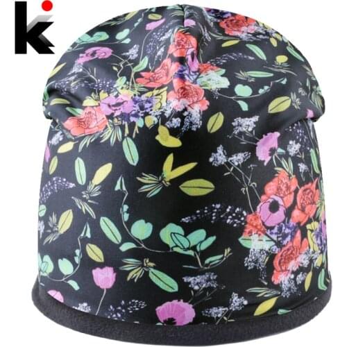 Female Winter Hats Print Flower Beanies Ladies Warm Thick plus velvet Caps Women Outdoor Casual Bonnet Femme Fashion Ski Hat