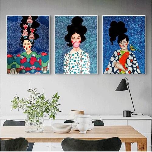 Abstract Girl Hair Flower Bird Wall Art Canvas Painting Vintage Nordic Prints Wall Pictures For Living Room Unframed