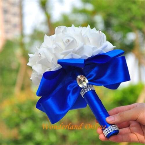 Bride Bouquet Wedding Bouquet Elegant Rose Artificial Bridal Flowers Crystal Royal Blue Silk Ribbon New Buque De Noiva YYW09