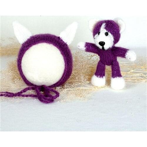 Baby wolf bonnet Newborn boy wolf hat Baby bonnet matching toy set Handmade crochet mohair girl hat photography props