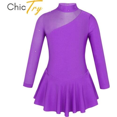 ChicTry Kids Girls Tulle Long Sleeves Rhinestone Figure Ice Skating Dress Ballroom Child Gymnastics Leotard Ballet Dance Costume