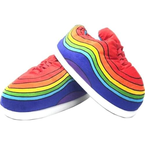 Unisex Rainbow Striped Home Slippers Women Warm Cotton Shoes Woman/Men One Size Fits Most Snug Sneakers Bedroom Ladies Slippers