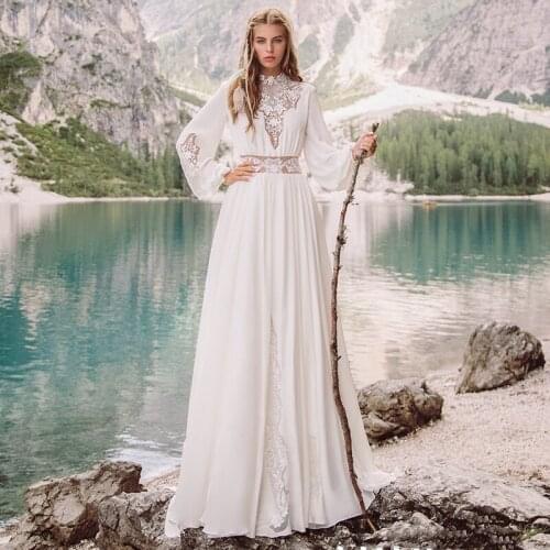 Eightale Arabic Wedding Dresses O-Neck Bohemian Wedding Gown Long Sleeves Vintage Chiffon Boho Bride Dresses 2020