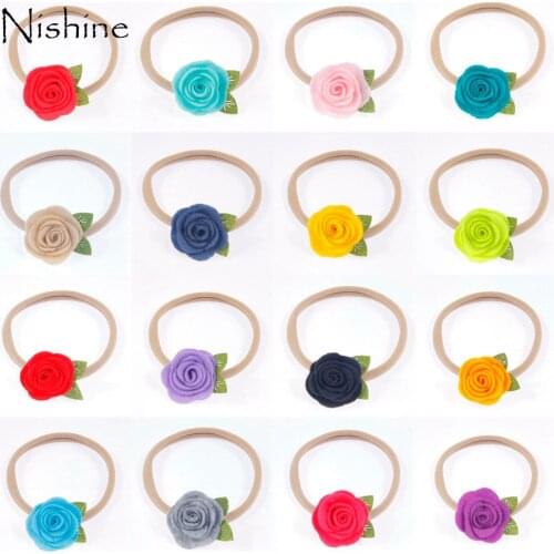 NISHINE 20pcs/lot Handmade Felt Rose Flower Baby Headband Khaki Nylon Leaf Flower Head Band Newborn Headwear Photography Props